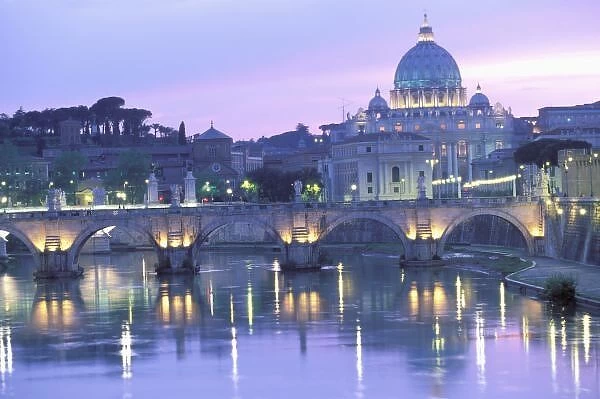 Europe, Italy, Rome, The Vatican. St. Peters & Ponte Sant Angelo. Evening