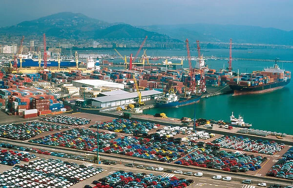 Europe, Italy, Salerno. Automobiles for export lined up at the Port of Salerno