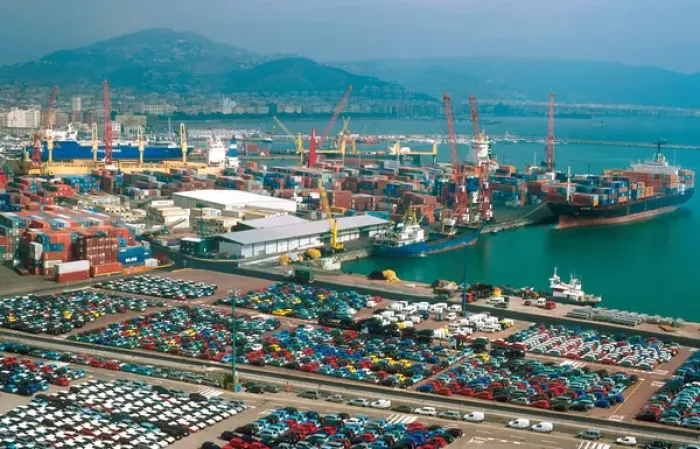 Framed Print : Europe, Italy, Salerno. Automobiles for export lined up at the Port of Salerno