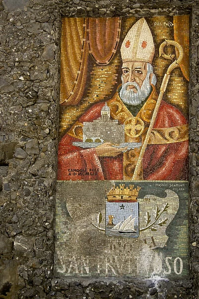 Europe, Italy, San Fruttuoso. Religious wall mosaic of a Catholic Pope. Credit as