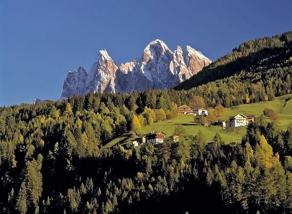 Europe, Italy, San Pietro. The Odle Group seem to be hovering over San Pietro in the Dolomite Alps