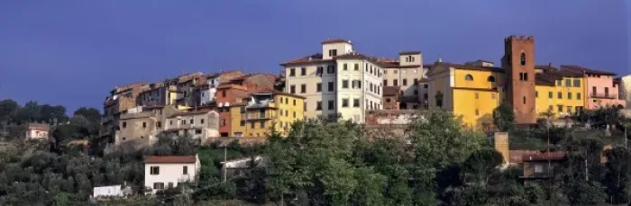 Framed Print : Europe, Italy, Santa Maria al Monte. The dawn light washes over the pastel-painted