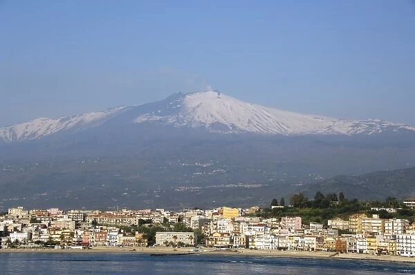 Europe, Italy, Sicily, port of Giardini Naxos, gateway to Taormina. Mt. Etna volcano in distance