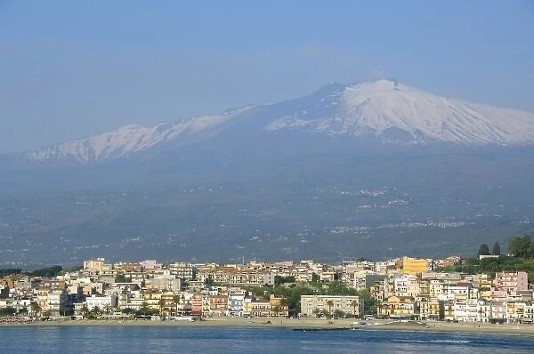 Europe, Italy, Sicily, port of Giardini Naxos, gateway to Taormina. Mt. Etna volcano in distance