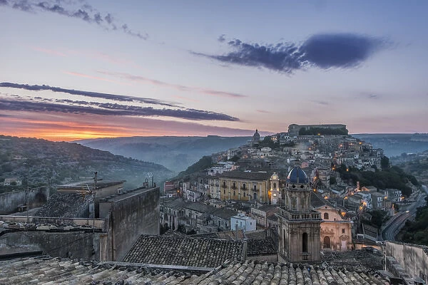 Europe, Italy, Sicily, Ragusa, Looking Down on Ragusa Ibla at Sunrise