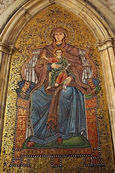 Europe, Italy, Sicily, Taormina. Madonna & child mosaic on church wall