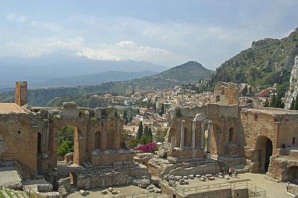 Europe, Italy, Sicily, Taormina. Ruins of 3rd century B. C. Greek-Roman Theater, Mt