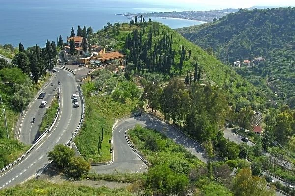 Europe, Italy, Sicily, Taormina. Twisty Sicilian roads