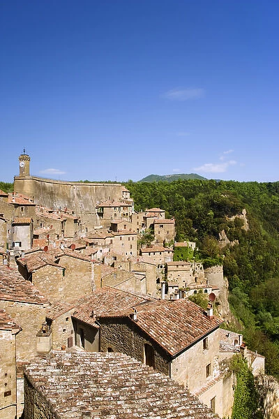 Europe, Italy, Sorano. View of medieval hill town on a cliffside. Credit as: Dennis
