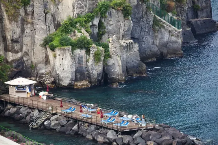 Framed Print : Europe; Italy; Sorrento, Amalfi Coast; Sun Bathing Dock along the Sorrento Water Front