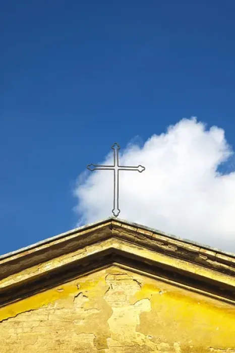 Framed Print : Europe; Italy; Tuscany; Cross on top of Small Back Country Church Framed Print : Europe; Italy; Tuscany; Cross on top of Small Back Country Church