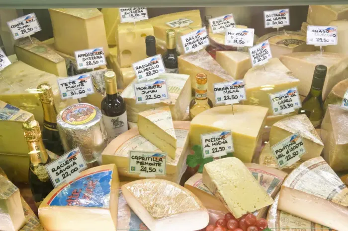 Framed Print : Europe, Italy, Tuscany, Florence, Cheese and Wine For Sale at Market