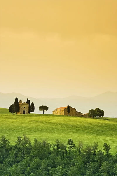 Europe, Italy, Tuscany. Landscape with church and villa