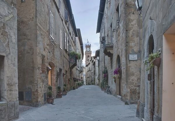 Europe, Italy, Tuscany, Pienza, Midieval Street and Clock Tower in Historic District