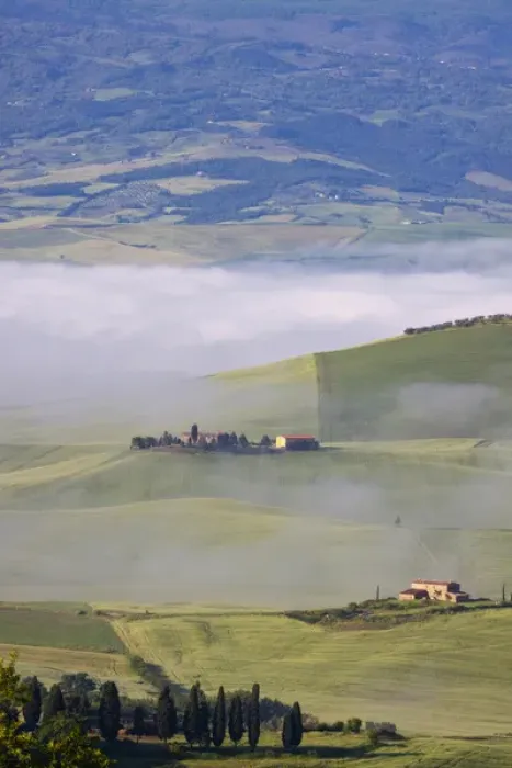 Framed Print : Europe; Italy; Tuscany; Pienza; Villa with Wheat Fields in Fog Framed Print : Europe; Italy; Tuscany; Pienza; Villa with Wheat Fields in Fog