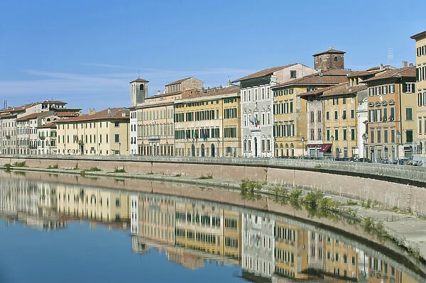 Europe, Italy, Tuscany, Pisa, Historic District Reflected in the River Arno