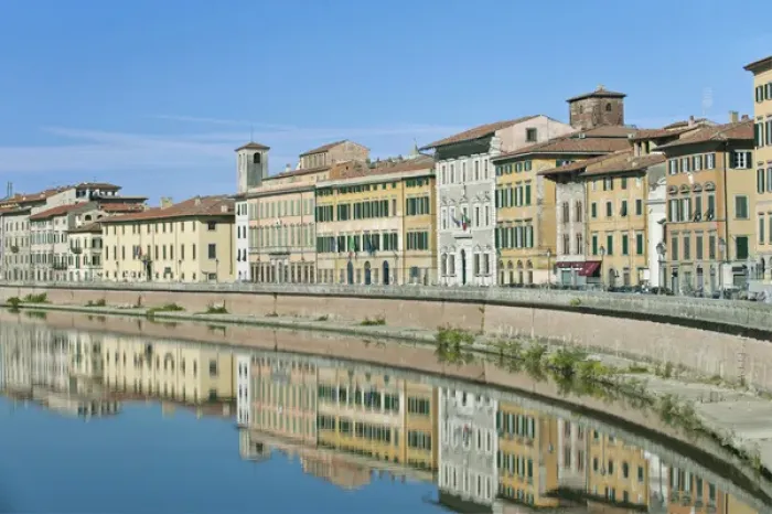 Framed Print : Europe, Italy, Tuscany, Pisa, Historic District Reflected in the River Arno