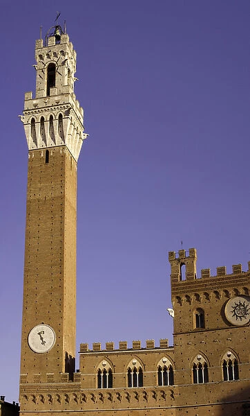 Europe, Italy, Tuscany, Sienna. Tower and clock view of Torre del Mangia in the Piazza del Campo