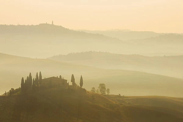 Europe, Italy, Tuscany, Tuscan Villa in Spring with Foggy Morning