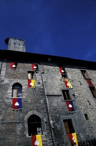 Europe, Italy, Umbria, Assisi. Medieval window flags