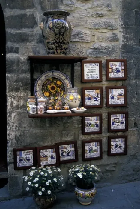 Framed Print : Europe, Italy, Umbria, Assisi. Pottery on village wall