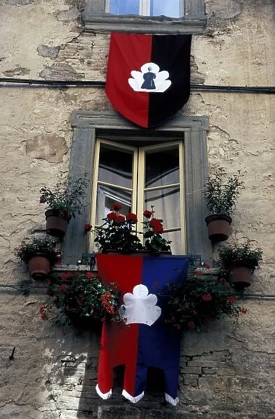 Europe, Italy, Umbria, Assisi. Window flags