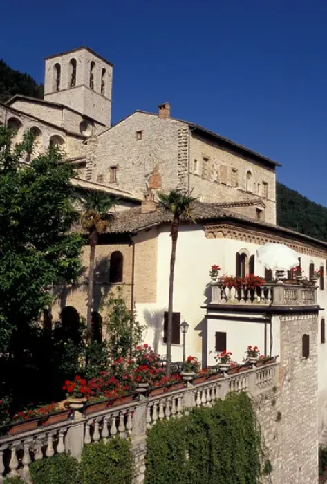 Framed Print : Europe, Italy, Umbria, Gubbio, garden with geraniums