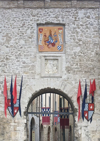 Europe, Italy, Umbria, San Gemini, City Gate Decorated for Jousting Festival