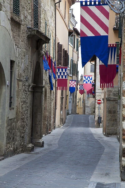 Europe; Italy; Umbria; San Gemini; Streets of San Gemini deck out with Festival Flags