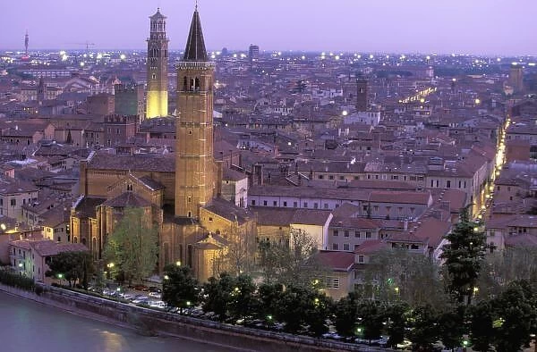 Europe, Italy, Veneto, Verona. View from Castel S. Pietro S. Anastasia & Torre dei Lamberti