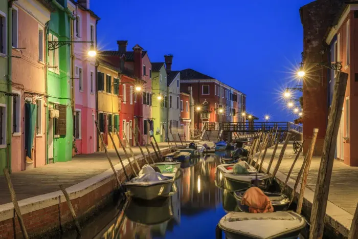 Framed Print : Europe, Italy, Venice. Blue hour on canal in Burano