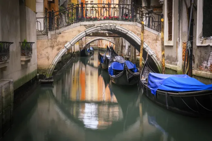 Framed Print : Europe, Italy, Venice. Canal with gondolas and bridges