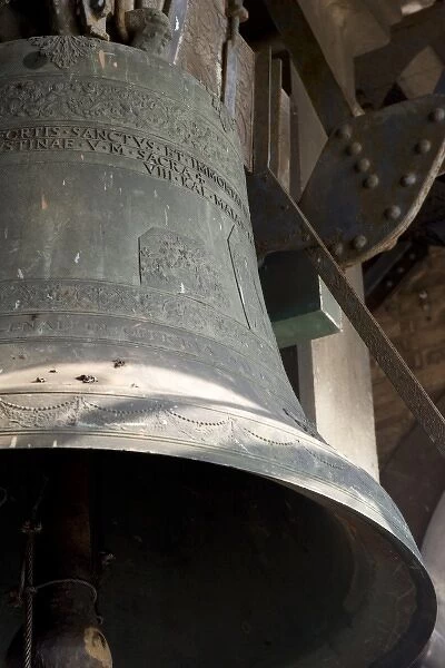 Europe, Italy, Venice. Close-up of Campanile bell with Latin inscriptions. Credit as
