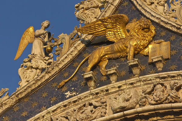Europe, Italy, Venice. Close-up of Lion of San Marco on facade of San Marco Basilica