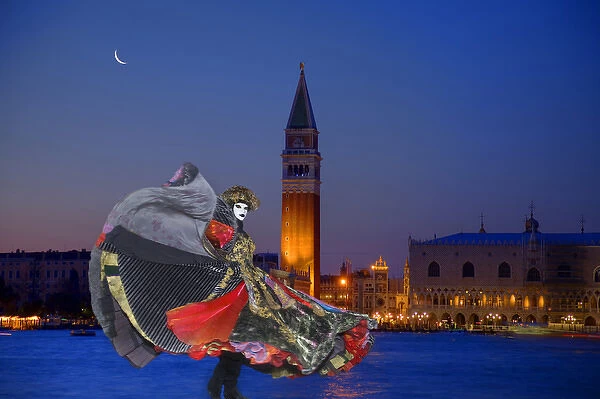 Europe, Italy, Venice. Composite of woman in Carnival costume and San Marco Square