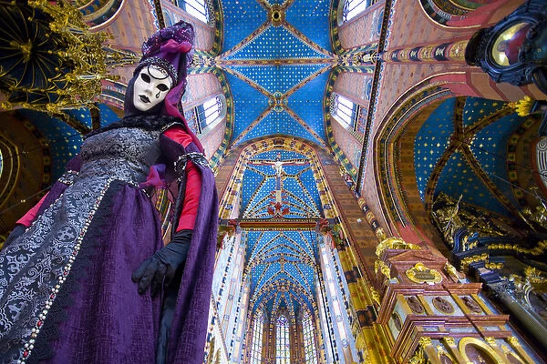 Europe, Italy, Venice. Composite of woman in Carnival costume and interior of Krakow