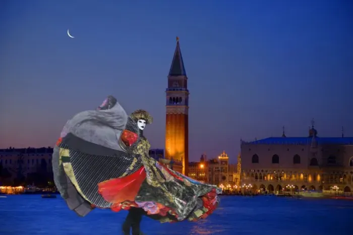 Framed Print : Europe, Italy, Venice. Composite of woman in Carnival costume and San Marco Square