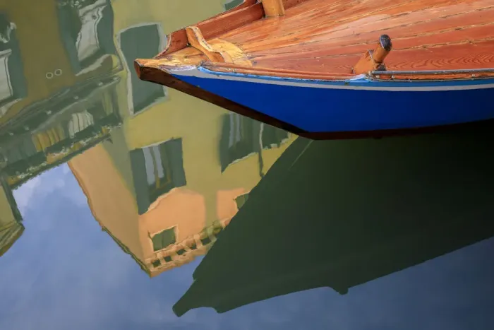 Framed Print : Europe, Italy, Venice. Gondola and building reflect in canal