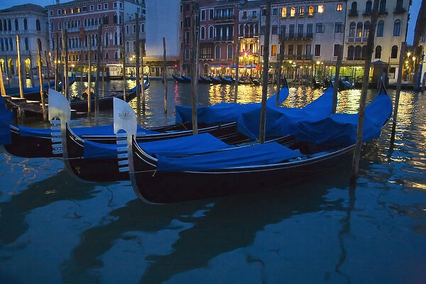 Europe, Italy, Venice, Grand Canal, Night time with Gondolas Parked along the Grand Canal