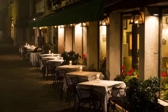Framed Print : Europe, Italy, Venice. Restaurant tables lit at night Framed Print : Europe, Italy, Venice. Restaurant tables lit at night