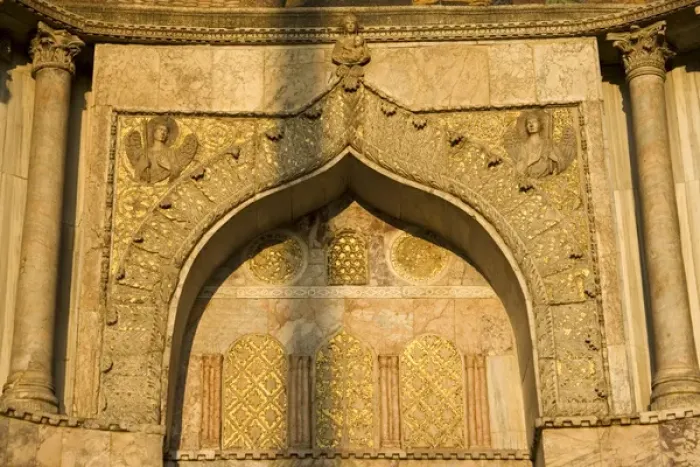 Framed Print : Europe, Italy, Venice, St. Marks Basilica. Detail of gilded arch in sunlight