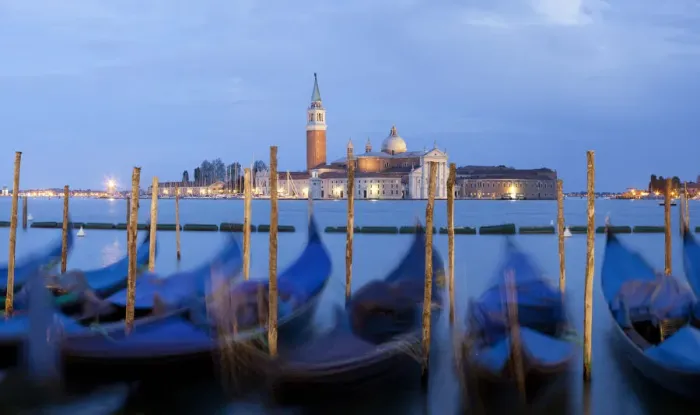 Framed Print : Europe, Italy, Venice. Sunset on gondolas and Church of San Giorgio Maggiore