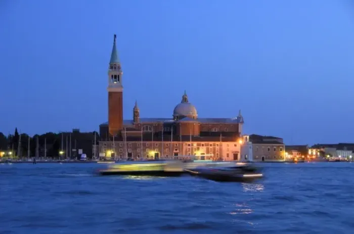 Framed Print : Europe, Italy, Venice. Water taxis blured at night. UNESCO World Heritage Site