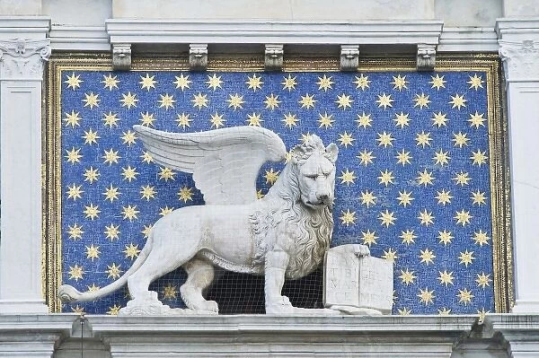 Europe, Italy, Venice, Winged Lion of St. Marks on St. Marks Clocktower