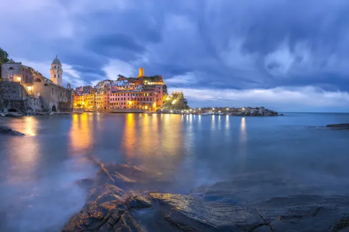 Framed Print : Europe, Italy, Vernazza. Sunset on coastal town Framed Print : Europe, Italy, Vernazza. Sunset on coastal town
