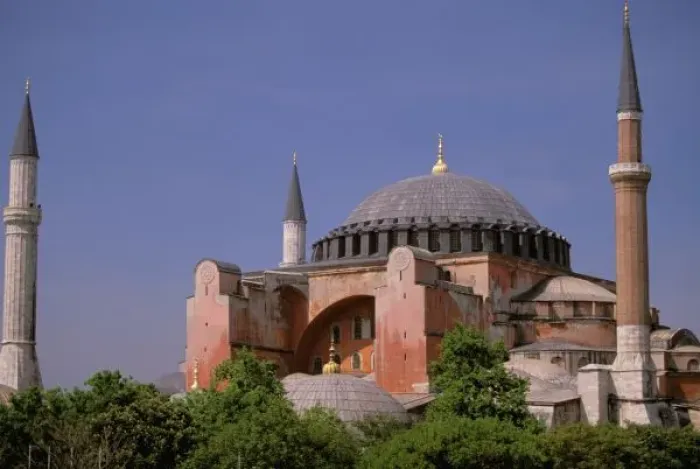 Framed Print : Europe, Middle East, Turkey, Istanbul. Aya Sophia Mosque, daytime garden view