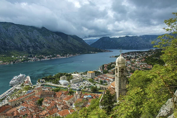 Europe, Montenegro, Kotor. Cruise ship in city harbor
