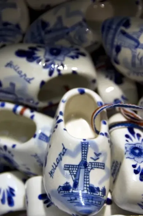 Framed Print : Europe, The Netherlands (aka Holland), Amsterdam. Souvenir blue Delft wooden shoes Framed Print : Europe, The Netherlands (aka Holland), Amsterdam. Souvenir blue Delft wooden shoes