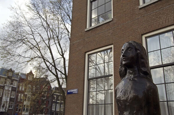 Europe, The Netherlands (aka Holland), Amsterdam. Anne Frank House & Museum. Statue