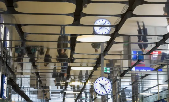 Framed Print : Europe, Netherlands, Amsterdam. Commuters reflected in ceiling of central train station Framed Print : Europe, Netherlands, Amsterdam. Commuters reflected in ceiling of central train station